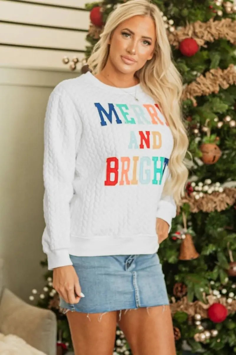 White Merry And Bright Cable Knit Pullover Sweatshirt - Love Salve